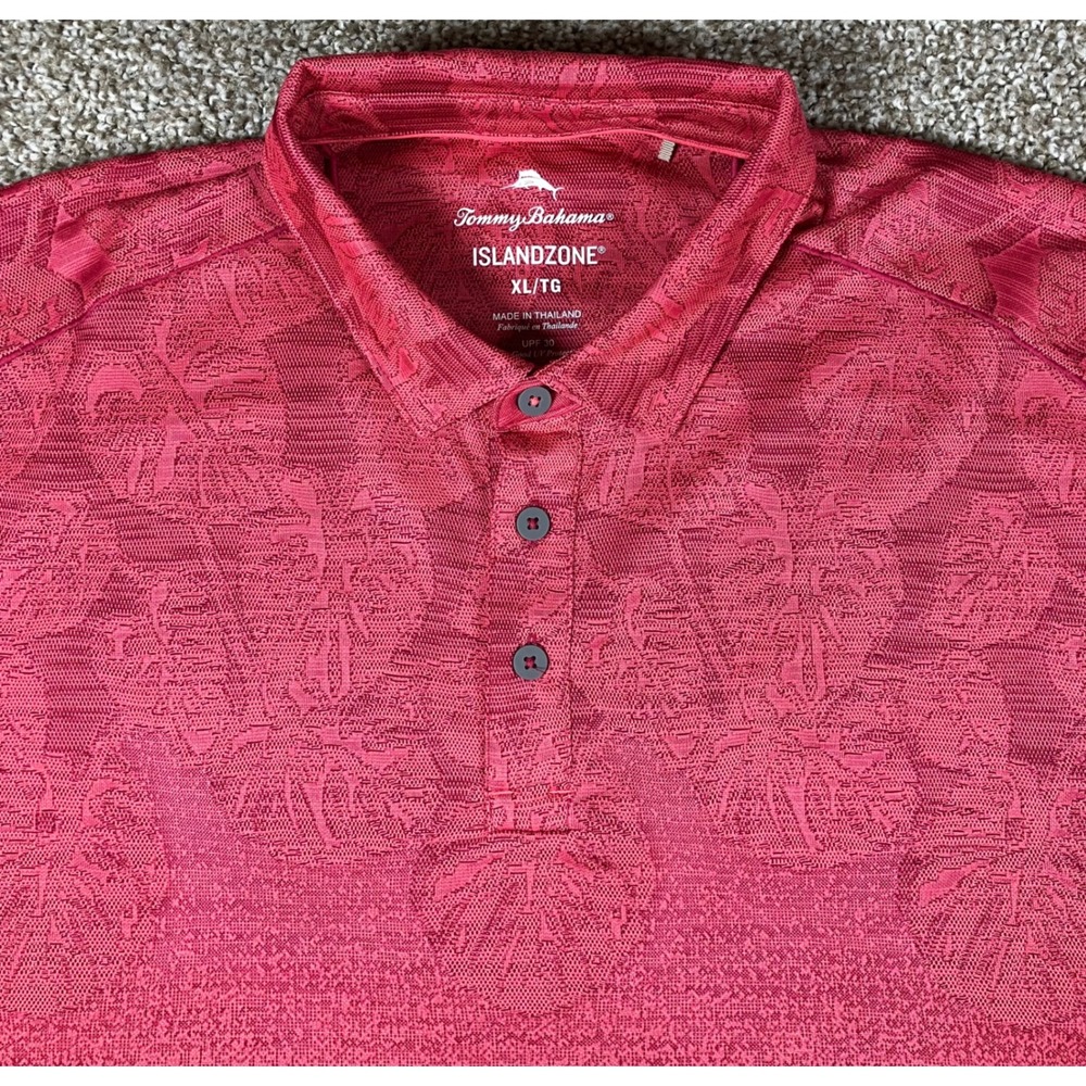 Tommy Bahama IslandZone Mens XL Pink Tropical Leaf Jacquard Polo Shirt UPF 30